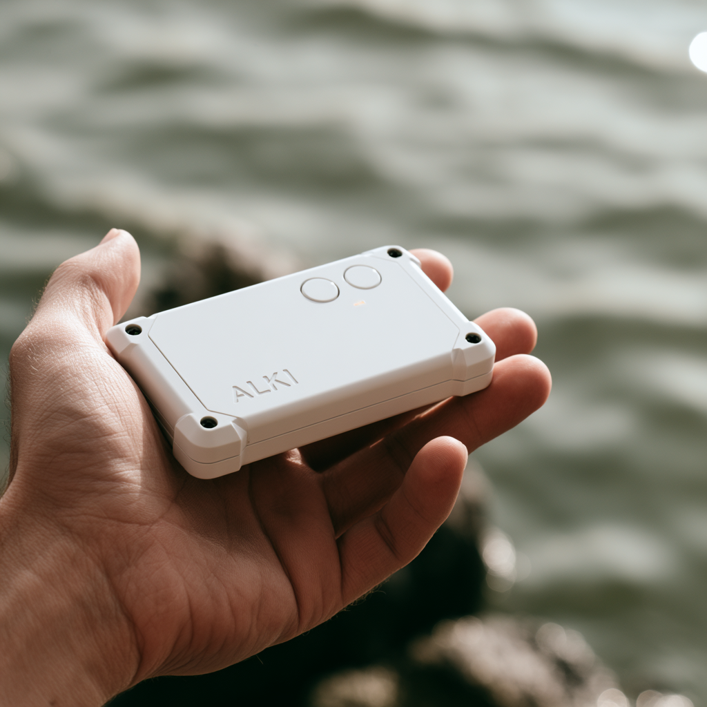 A hand holding the white Alki T1 rowing device beside the water